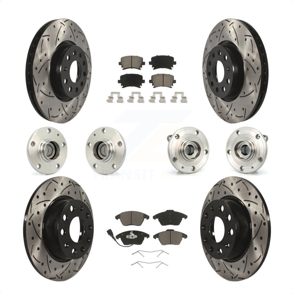 Front Rear Hub Bearings Assembly Coated Disc Brake Rotors And Ceramic Pads Kit (10Pc) For 2011 Volkswagen GTI With 32mm bearing KBB-120006 by Transit Auto