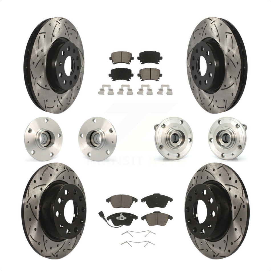 Front Rear Hub Bearings Assembly Coated Disc Brake Rotors And Ceramic Pads Kit (10Pc) For 2011 Volkswagen GTI With 30mm bearing KBB-120007 by Transit Auto