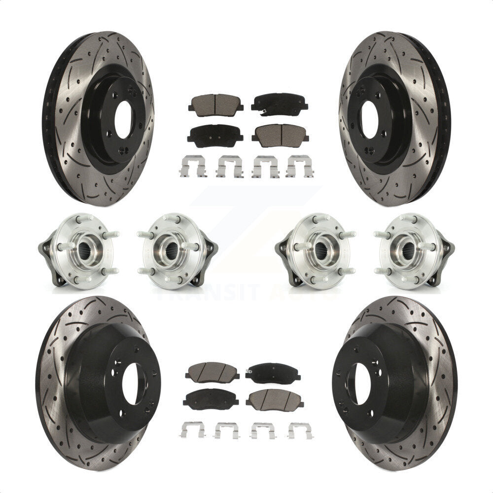 Front Rear Hub Bearings Assembly Coated Disc Brake Rotors And Ceramic Pads Kit (10Pc) For 2013-2014 Hyundai Santa Fe AWD with 3.3L With ABS Brakes KBB-120042 by Transit Auto