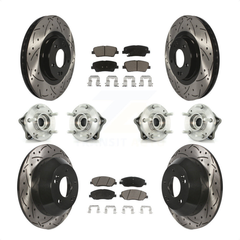 Front Rear Hub Bearings Assembly Coated Disc Brake Rotors And Ceramic Pads Kit (10Pc) For 2013-2014 Hyundai Santa Fe AWD with 3.3L With ABS Brakes KBB-120042 by Transit Auto