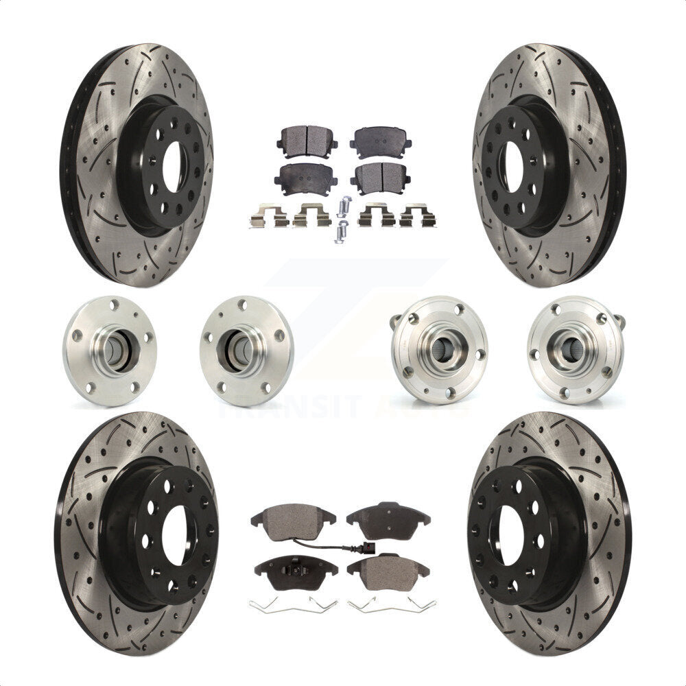 Front Rear Hub Bearings Assembly Coated Disc Brake Rotors And Semi-Metallic Pads Kit (10Pc) For 2011 Volkswagen GTI With 32mm bearing KBB-120477 by Transit Auto