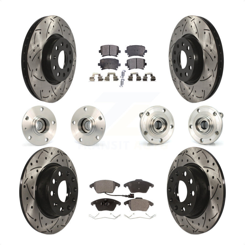 Front Rear Hub Bearings Assembly Coated Disc Brake Rotors And Semi-Metallic Pads Kit (10Pc) For 2011 Volkswagen GTI With 30mm bearing KBB-120478 by Transit Auto