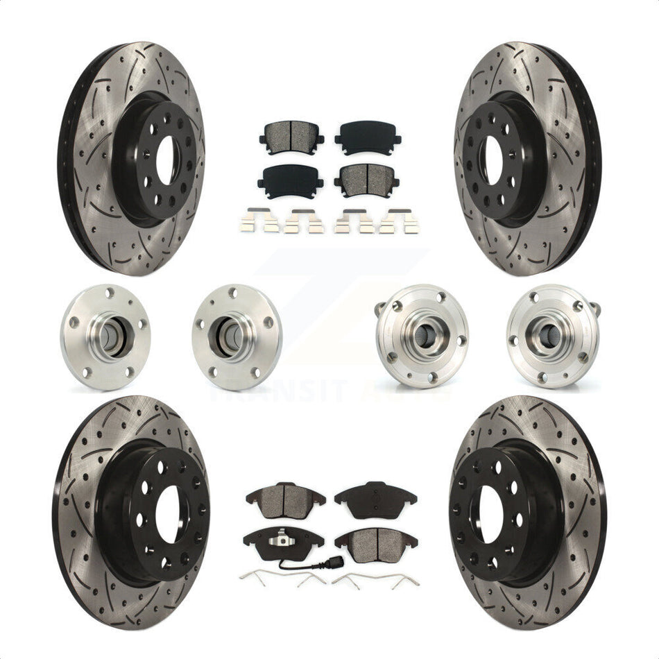 Front Rear Hub Bearings Assembly Coated Disc Brake Rotors And Semi-Metallic Pads Kit (10Pc) For 2011 Volkswagen GTI With 32mm bearing KBB-120486 by Transit Auto