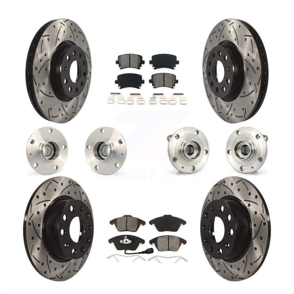 Front Rear Hub Bearings Assembly Coated Disc Brake Rotors And Semi-Metallic Pads Kit (10Pc) For 2011 Volkswagen GTI With 30mm bearing KBB-120487 by Transit Auto