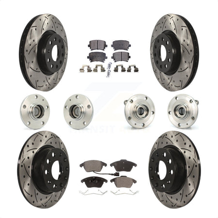 Front Rear Hub Bearings Assembly Coated Disc Brake Rotors And Ceramic Pads Kit (10Pc) For 2011 Volkswagen GTI With 32mm bearing KBB-120494 by Transit Auto