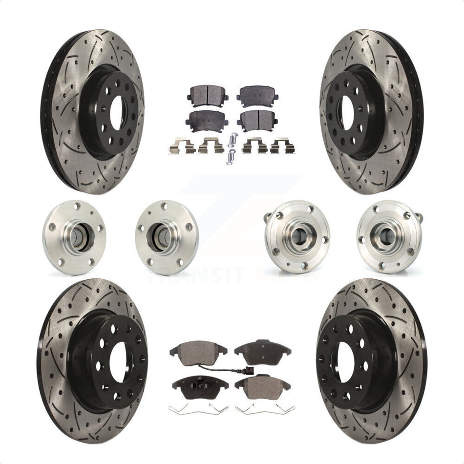 Front Rear Hub Bearings Assembly Coated Disc Brake Rotors And Ceramic Pads Kit (10Pc) For 2011 Volkswagen GTI With 32mm bearing KBB-120494 by Transit Auto