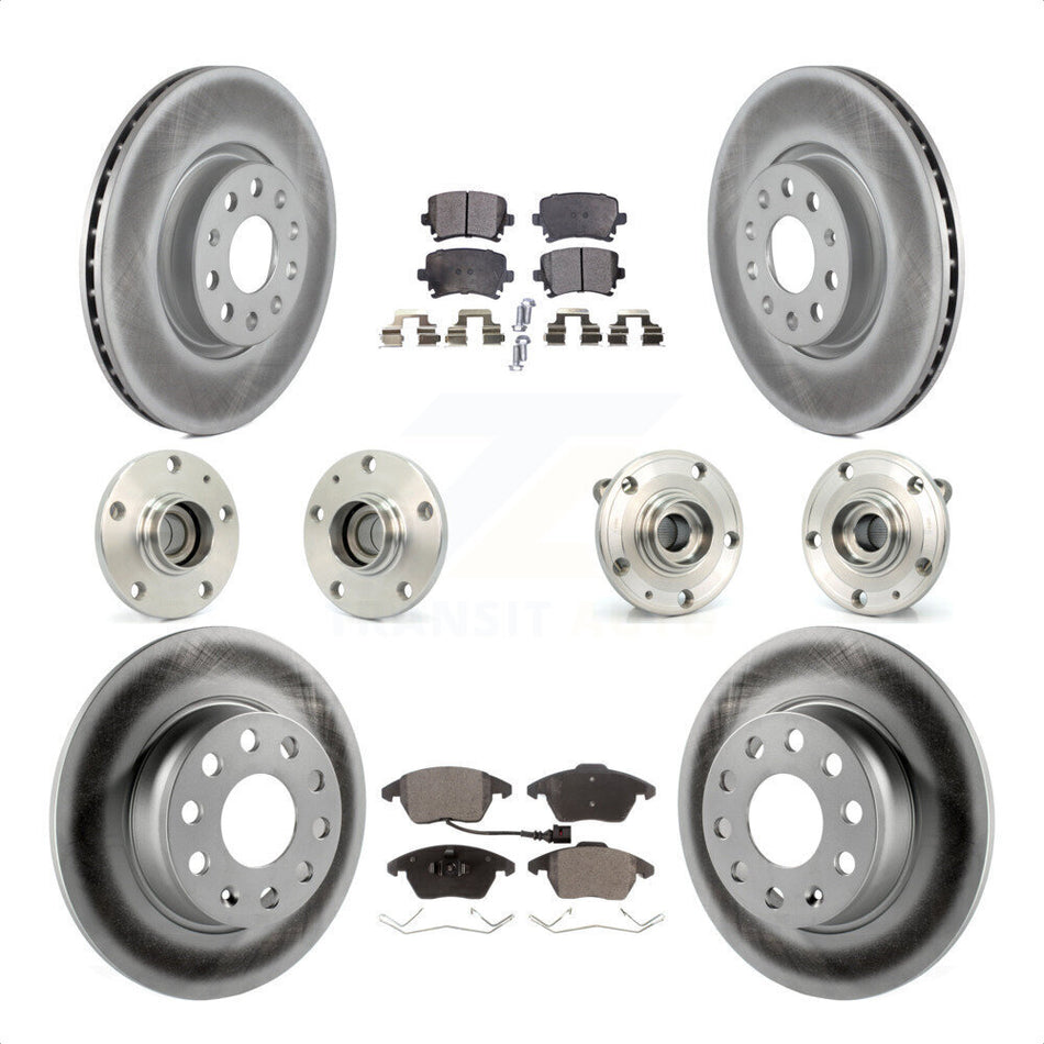 Front Rear Hub Bearings Assembly Coated Disc Brake Rotors And Semi-Metallic Pads Kit (10Pc) For 2011 Volkswagen GTI With 32mm bearing KBB-121776 by Transit Auto
