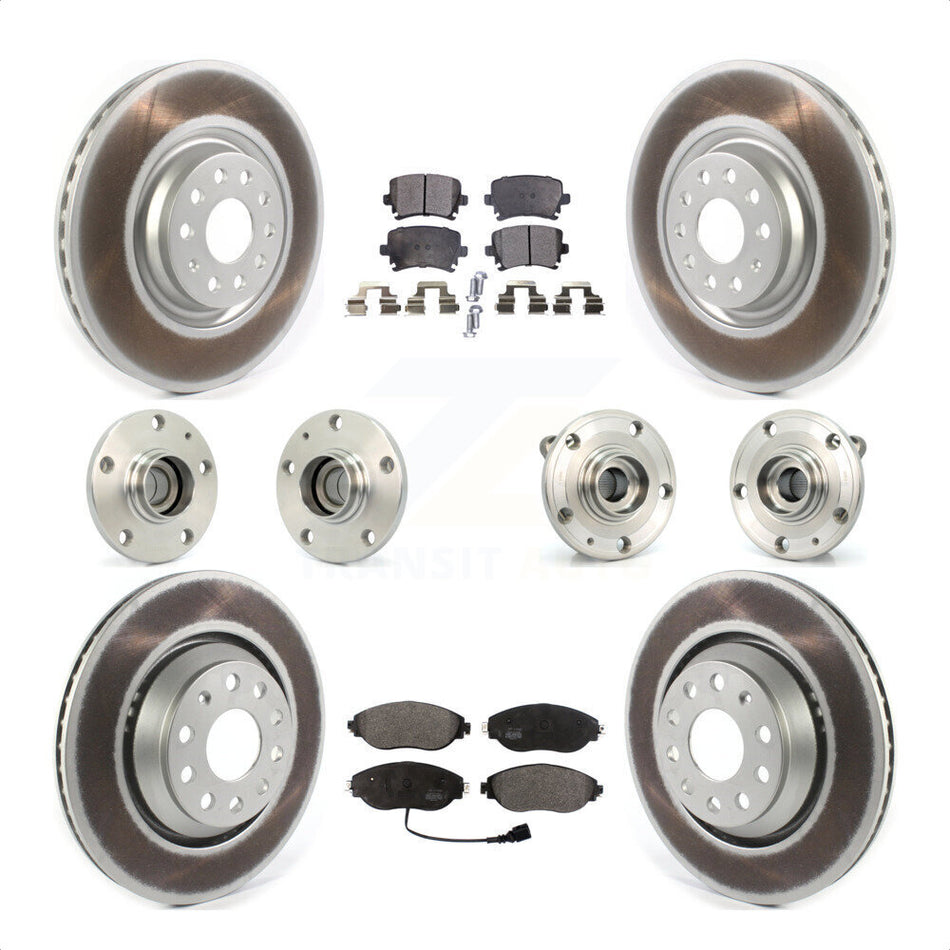 Front Rear Hub Bearings Assembly Coated Disc Brake Rotors And Semi-Metallic Pads Kit (10Pc) For 2016 Volkswagen CC AWD KBB-121778 by Transit Auto