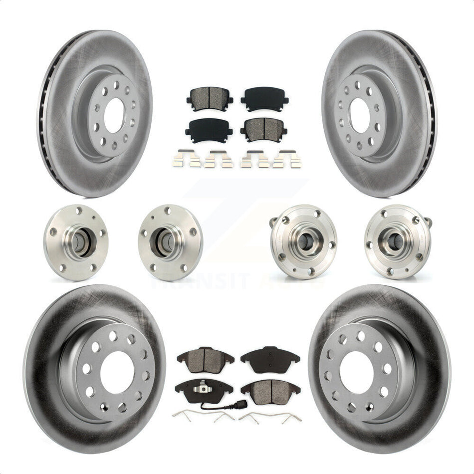 Front Rear Hub Bearings Assembly Coated Disc Brake Rotors And Semi-Metallic Pads Kit (10Pc) For 2011 Volkswagen GTI With 32mm bearing KBB-121824 by Transit Auto