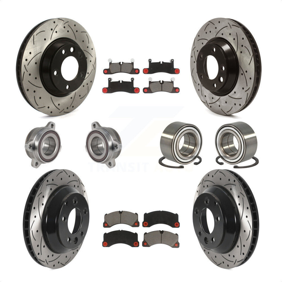 Front Rear Wheel Hub Bearings Assembly Coated Disc Brake Rotors And Ceramic Pads Kit (10Pc) For 2011-2012 Porsche Cayenne Base With 380mm Diameter Rotor KBB-123187 by Transit Auto