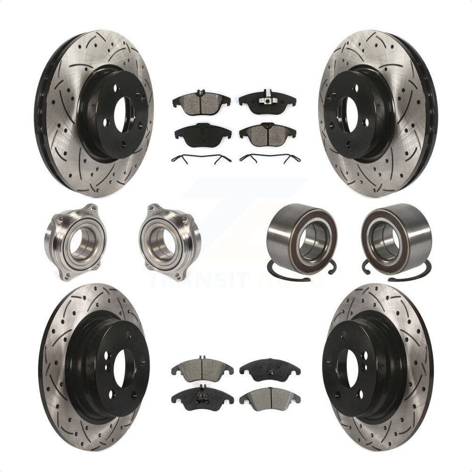 Front Rear Wheel Hub Bearings Assembly Coated Disc Brake Rotors And Semi-Metallic Pads Kit (10Pc) For 2011-2012 Mercedes-Benz C300 With 322mm Diameter Rotor KBB-123208 by Transit Auto