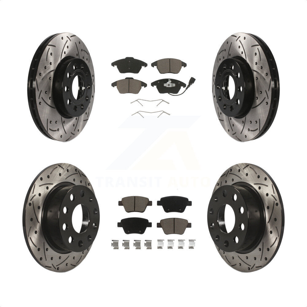 Front Rear Coated Drilled Slotted Disc Brake Rotors And Ceramic Pads Kit For 2013 Volkswagen Beetle 2.5L With 253mm Diameter Rotor KDC-100299 by Transit Auto