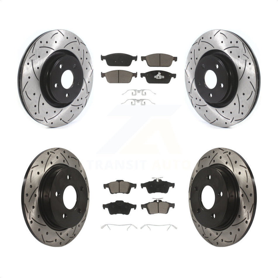 Front Rear Coated Drilled Slotted Disc Brake Rotors And Ceramic Pads Kit For Ford Focus ST KDC-100318 by Transit Auto