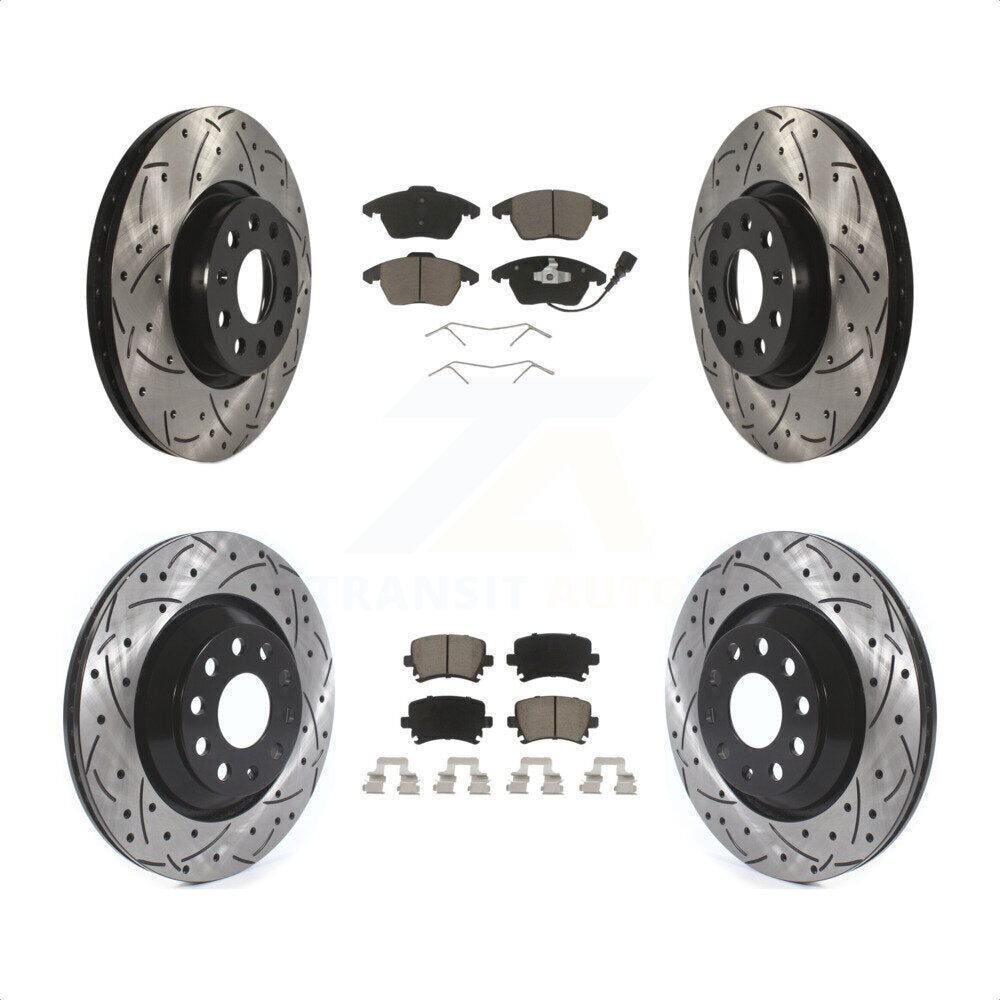 Front Rear Coated Drilled Slotted Disc Brake Rotors And Ceramic Pads Kit For 2009-2010 Volkswagen Passat CC With 312mm Diameter Rotor KDC-100614 by Transit Auto