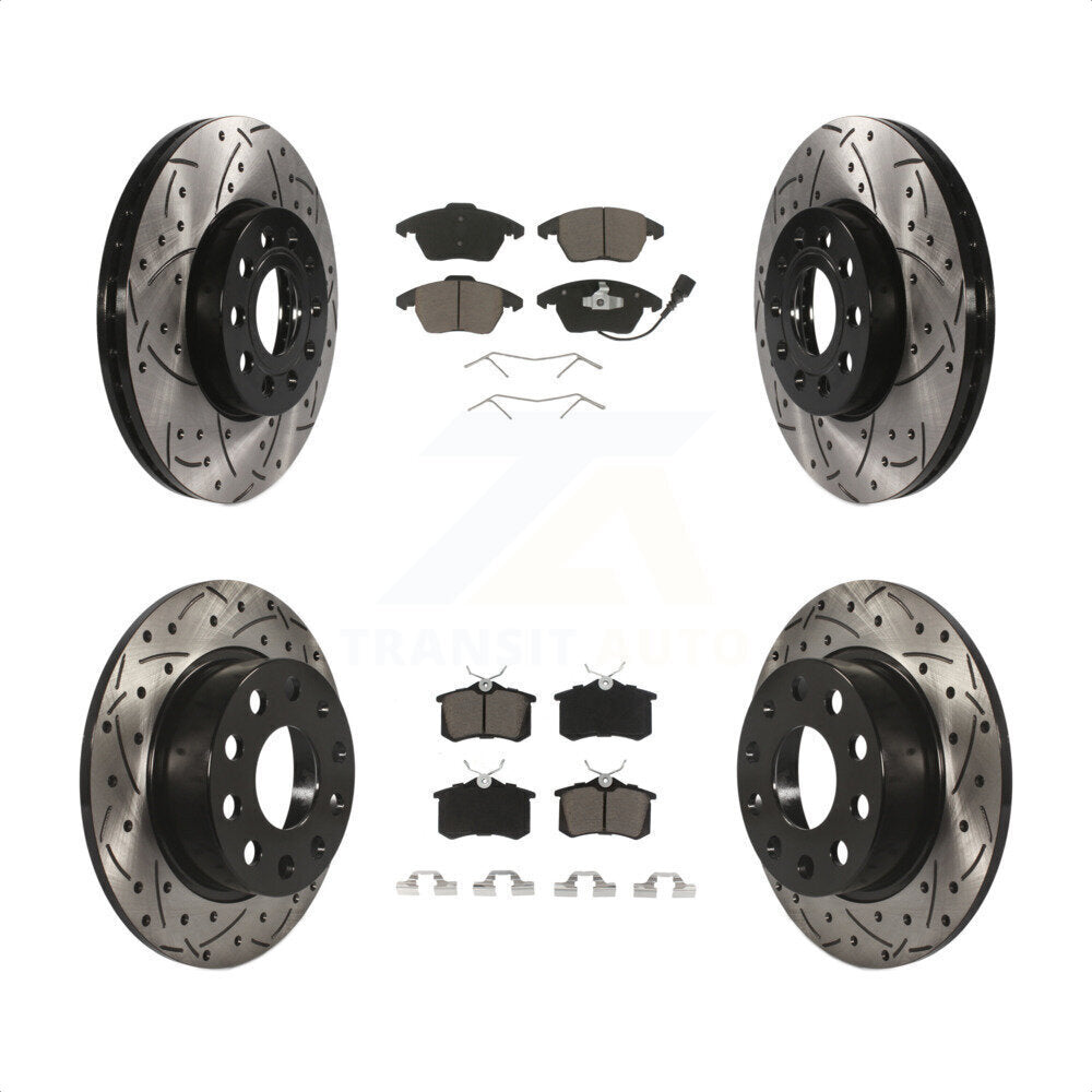 Front Rear Coated Drilled Slotted Disc Brake Rotors And Ceramic Pads Kit For Volkswagen Jetta Beetle KDC-100642 by Transit Auto