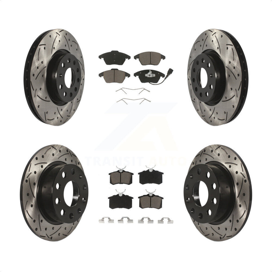 Front Rear Coated Drilled Slotted Disc Brake Rotors And Ceramic Pads Kit For Volkswagen Jetta Beetle KDC-100643 by Transit Auto