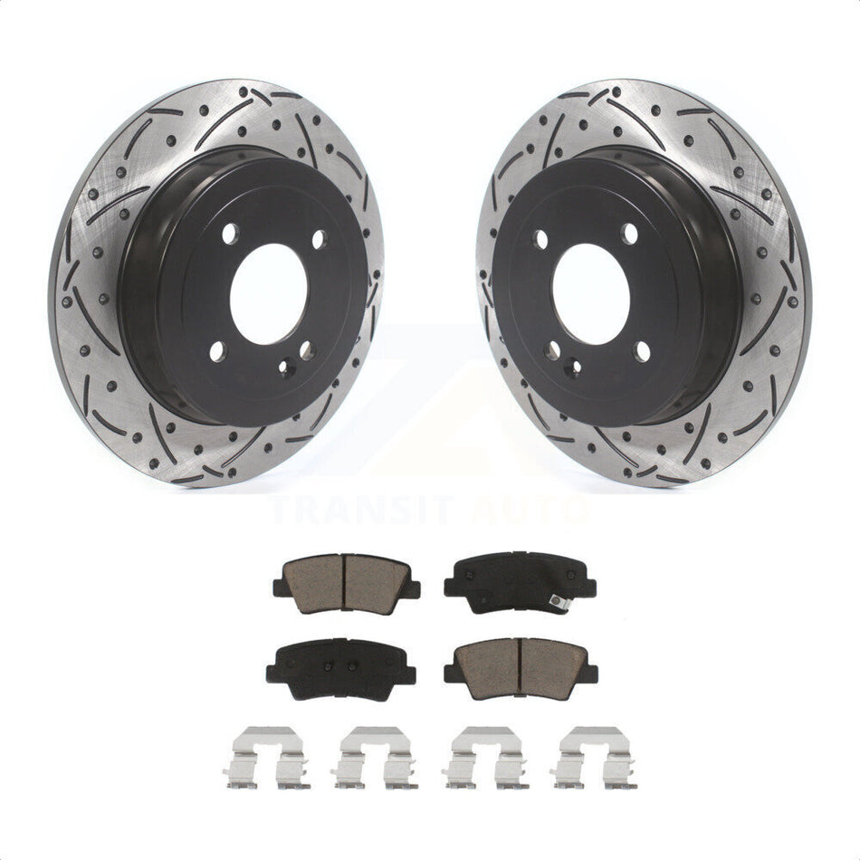 Rear Coated Drilled Slotted Disc Brake Rotors And Ceramic Pads Kit For 2011 Hyundai Accent KDC-100775 by Transit Auto