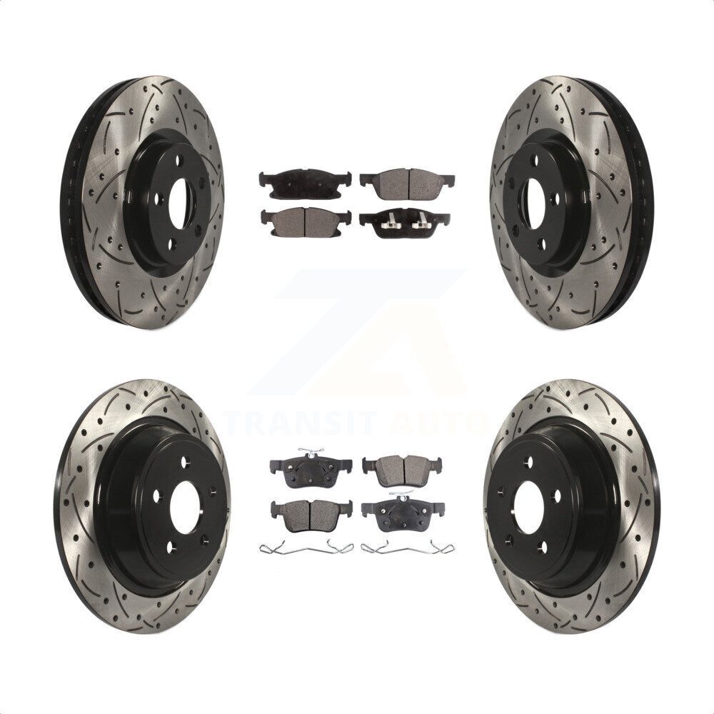 Front Rear Coated Drilled Slotted Disc Brake Rotors And Semi-Metallic Pads Kit For Ford Edge KDF-100239 by Transit Auto