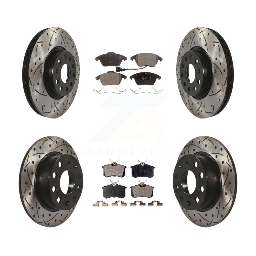 Front Rear Coated Drilled Slotted Disc Brake Rotors And Semi-Metallic Pads Kit For Volkswagen Jetta Beetle KDF-100295 by Transit Auto