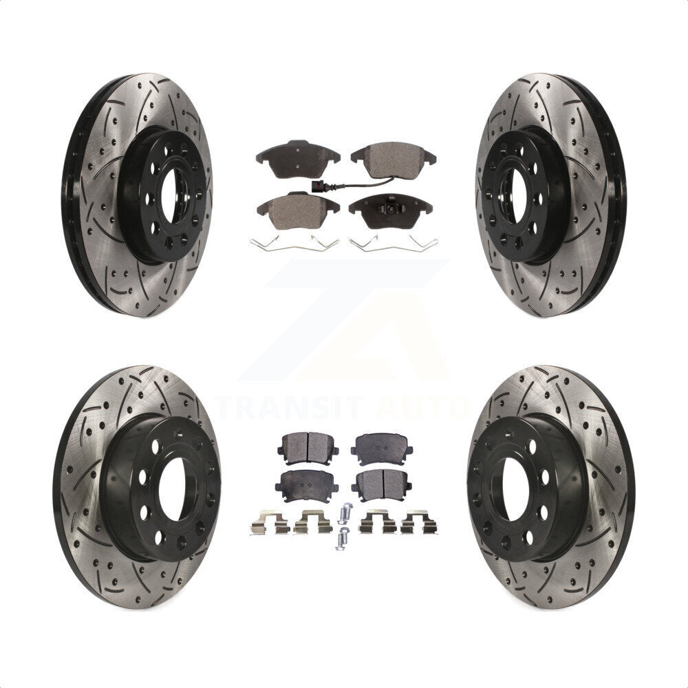 Front Rear Coated Drilled Slotted Disc Brake Rotors And Semi-Metallic Pads Kit For 2006-2009 Volkswagen Rabbit KDF-100298 by Transit Auto