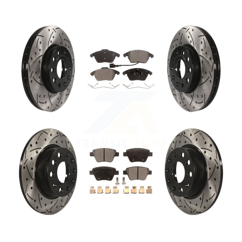 Front Rear Coated Drilled Slotted Disc Brake Rotors And Semi-Metallic Pads Kit For Volkswagen Beetle KDF-100299 by Transit Auto