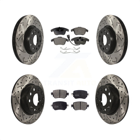 Front Rear Coated Drilled Slotted Disc Brake Rotors And Semi-Metallic Pads Kit For Volkswagen Passat KDF-100572 by Transit Auto