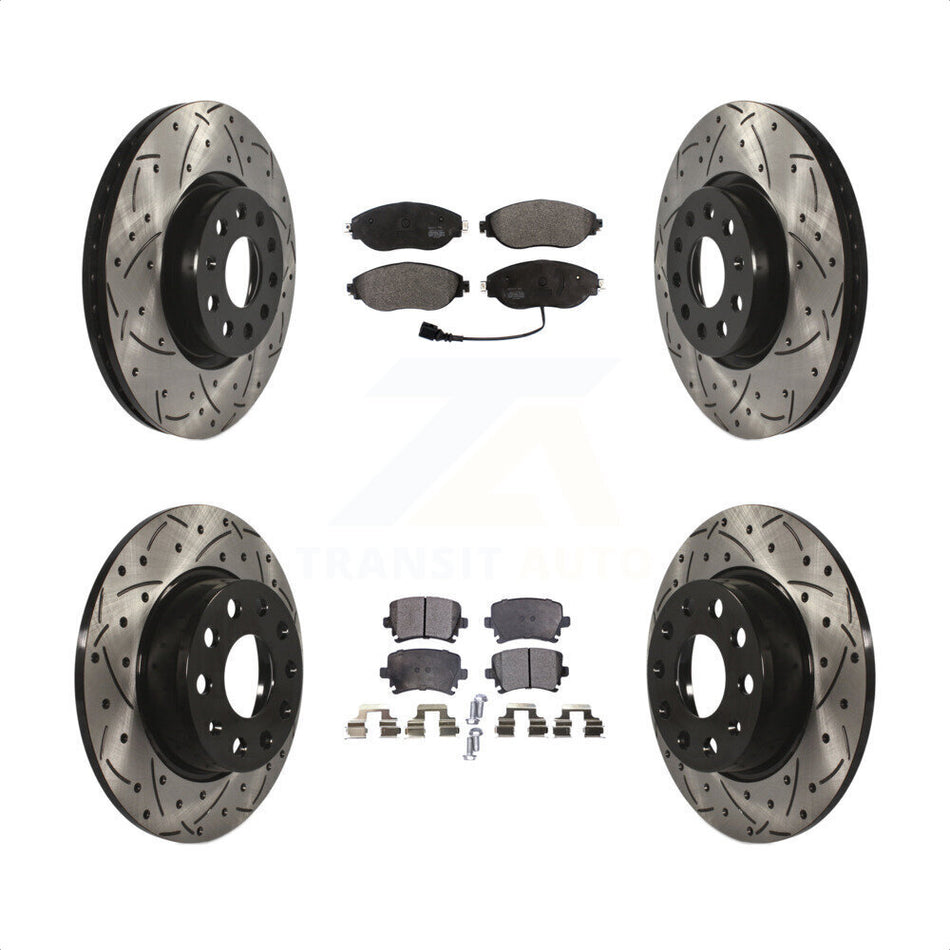 Front Rear Coated Drilled Slotted Disc Brake Rotors And Semi-Metallic Pads Kit For 2015 Volkswagen GTI With Performance Package KDF-100574 by Transit Auto