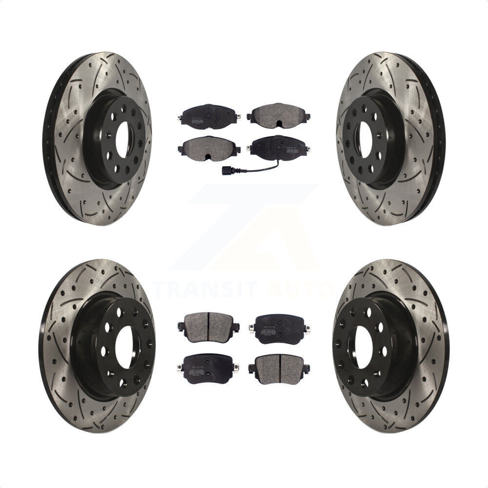 Front Rear Coated Drilled Slotted Disc Brake Rotors And Semi-Metallic Pads Kit For Volkswagen GTI Golf Alltrack Passat KDF-100576 by Transit Auto