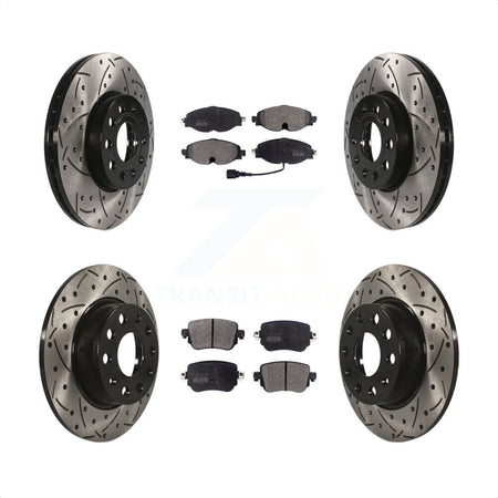 Front Rear Coated Drilled Slotted Disc Brake Rotors And Semi-Metallic Pads Kit For Volkswagen Golf SportWagen KDF-100579 by Transit Auto