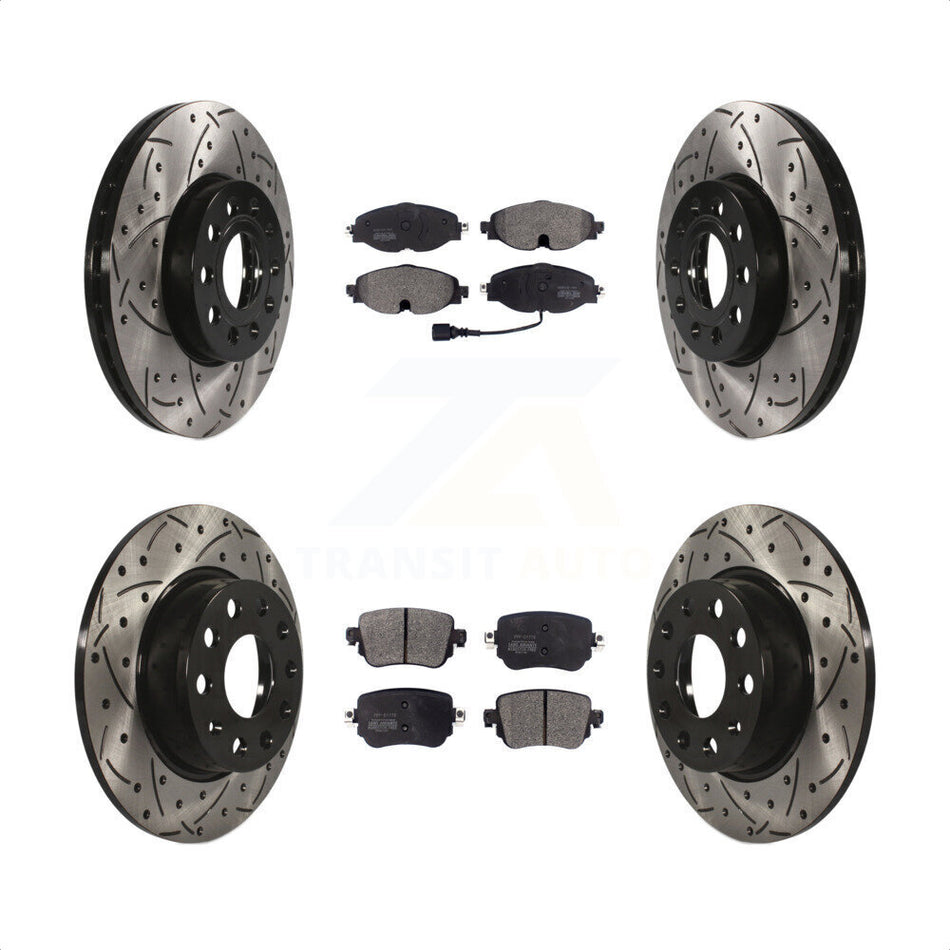 Front Rear Coated Drilled Slotted Disc Brake Rotors And Semi-Metallic Pads Kit For Volkswagen Golf SportWagen KDF-100579 by Transit Auto