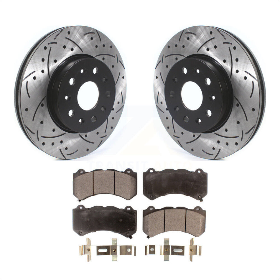 Front Coated Drilled Slotted Disc Brake Rotors And Semi-Metallic Pads Kit For 2019-2020 Chevrolet Camaro LT LS With 6 Piston Brembo Calipers KDF-100614 by Transit Auto