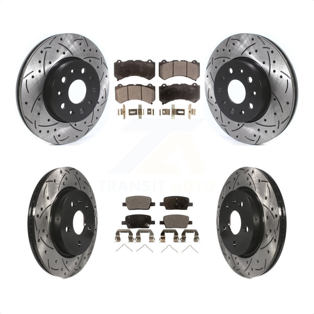 Front Rear Coated Drilled Slotted Disc Brake Rotors And Semi-Metallic Pads Kit For 2019-2020 Chevrolet Camaro LT LS With 6 Piston Brembo Calipers KDF-100650 by Transit Auto