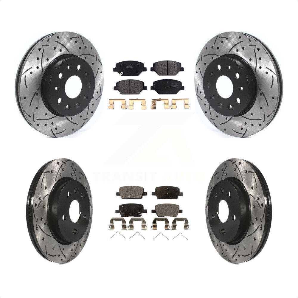 Front Rear Coated Drilled Slotted Disc Brake Rotors And Semi-Metallic Pads Kit For Chevrolet Camaro Without Brembo Calipers KDF-100652 by Transit Auto