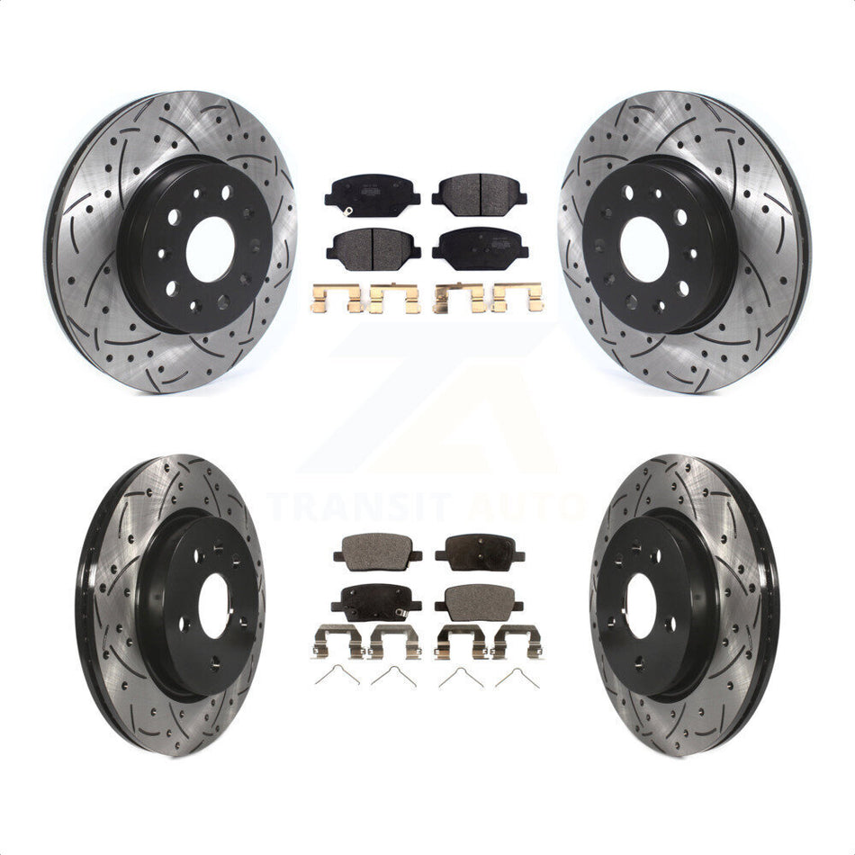 Front Rear Coated Drilled Slotted Disc Brake Rotors And Semi-Metallic Pads Kit For Chevrolet Camaro Without Brembo Calipers KDF-100652 by Transit Auto