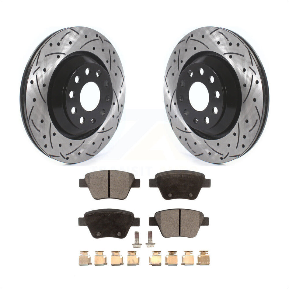 Rear Coated Drilled Slotted Disc Brake Rotors And Semi-Metallic Pads Kit For 2013 Volkswagen GTI With 310mm Diameter Rotor KDF-100698 by Transit Auto