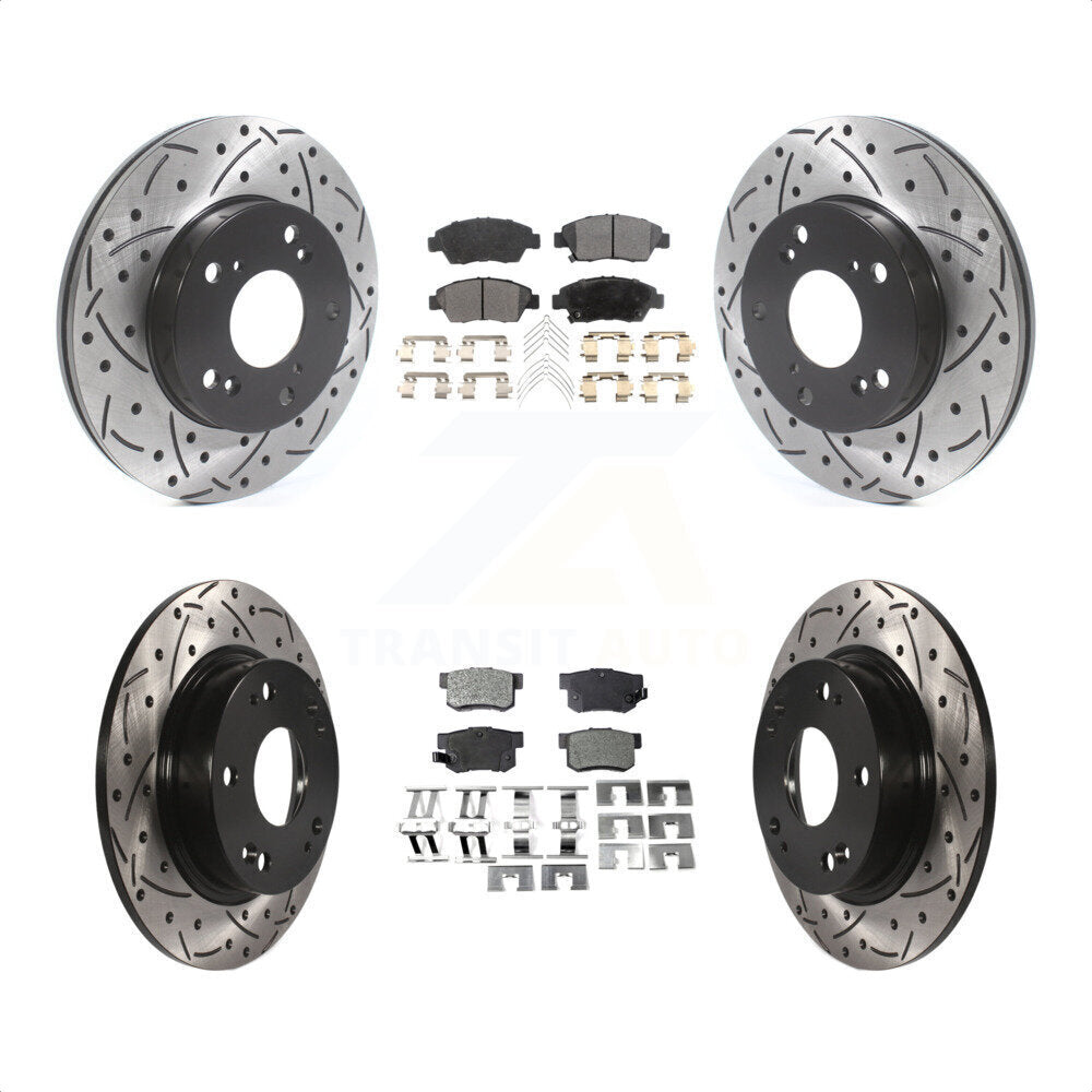 Front Rear Coated Drilled Slotted Disc Brake Rotors And Semi-Metallic Pads Kit For Honda Civic KDF-100805 by Transit Auto