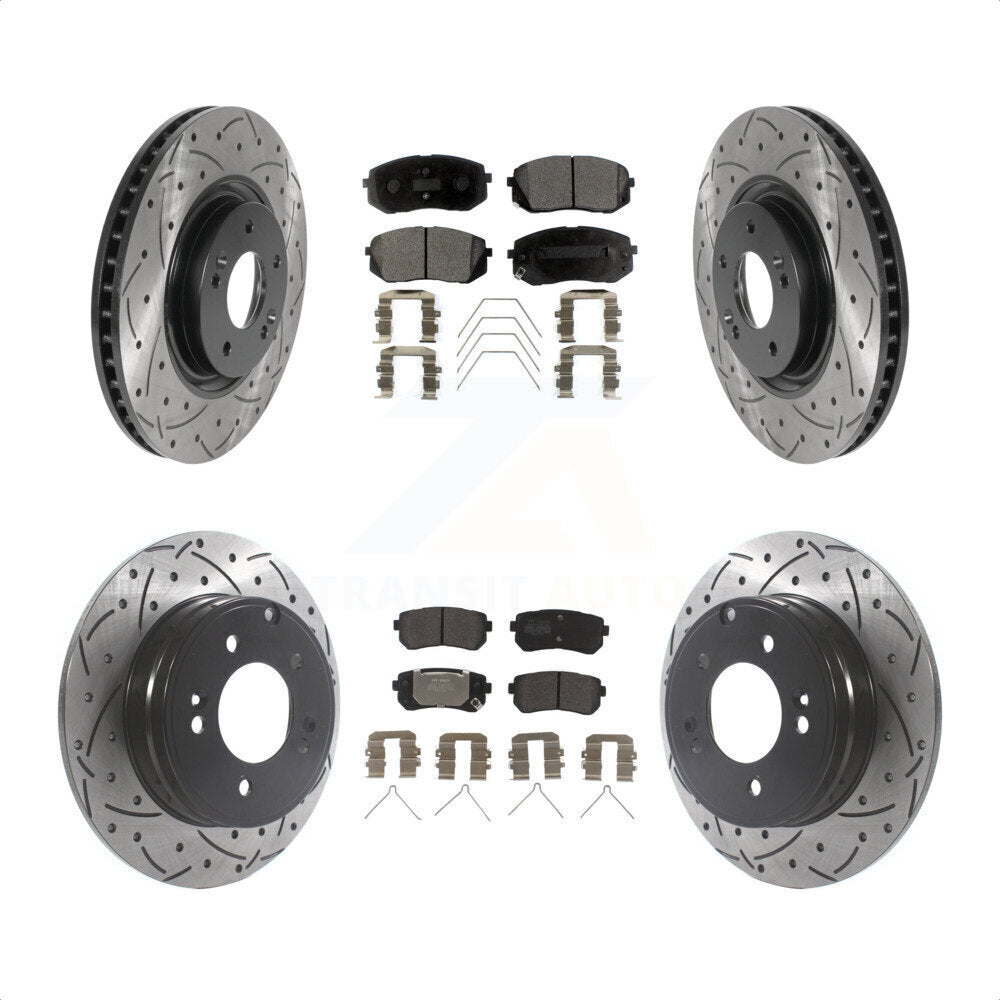 Front Rear Coated Drilled Slotted Disc Brake Rotors And Semi-Metallic Pads Kit For Kia Optima With Manual Parking KDF-100846 by Transit Auto