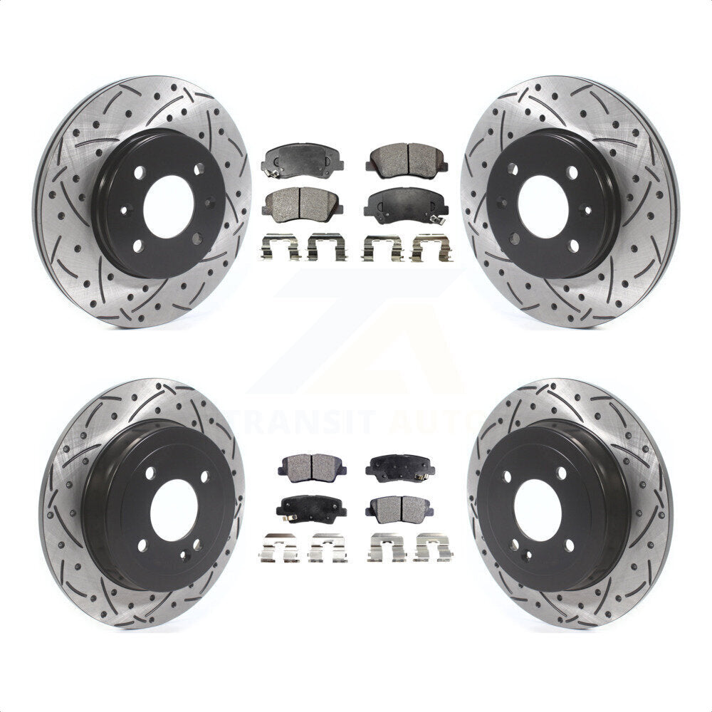 Front Rear Coated Drilled Slotted Disc Brake Rotors And Semi-Metallic Pads Kit For Hyundai Accent Kia Rio KDF-100855 by Transit Auto