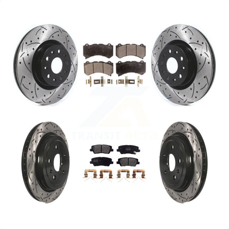 Front Rear Coated Drilled Slotted Disc Brake Rotors And Semi-Metallic Pads Kit For 2016 Cadillac CTS Vsport Premium with RWD Without Performance Lining KDF-100973 by Transit Auto