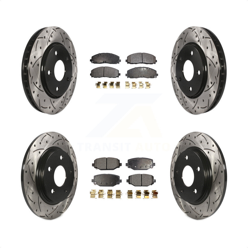 Front Rear Coated Drilled Slotted Disc Brake Rotors And Semi-Metallic Pads Kit For 2017-2018 Dodge Grand Caravan With Single Piston Caliper KDF-100994 by Transit Auto