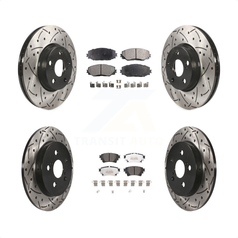 Front Rear Coated Drilled Slotted Disc Brake Rotors And Semi-Metallic Pads Kit For 2019 Toyota Corolla 1.8L With Electric Parking KDF-101046 by Transit Auto