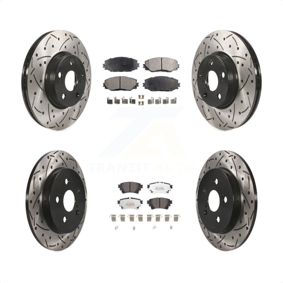 Front Rear Coated Drilled Slotted Disc Brake Rotors And Semi-Metallic Pads Kit For 2019 Toyota Corolla 1.8L With Electric Parking KDF-101046 by Transit Auto