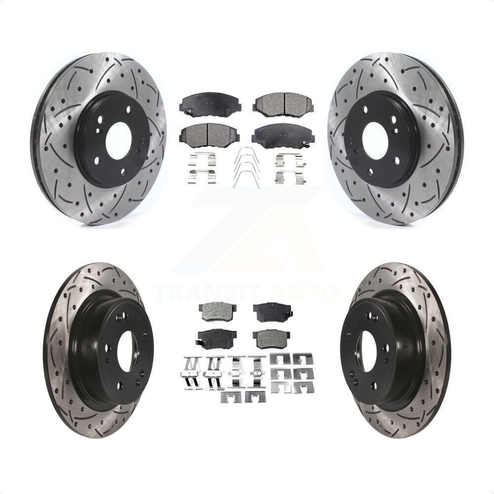 Front Rear Coated Drilled Slotted Disc Brake Rotors And Semi-Metallic Pads Kit For 2005 Honda Accord Hybrid with 3.0L KDF-101089 by Transit Auto