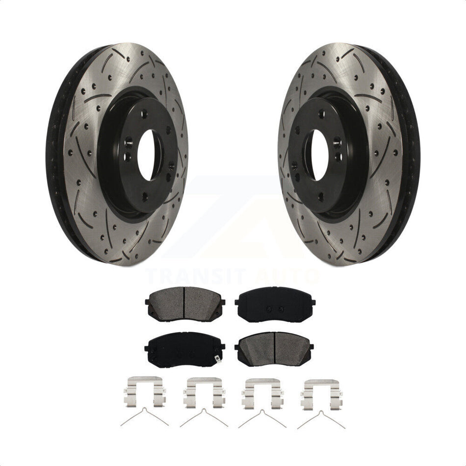 Front Coated Drilled Slotted Disc Brake Rotors And Semi-Metallic Pads Kit For 2016 Hyundai Sonata FULL HYBRID EV-GAS (FHEV) engine KDS-100083 by Transit Auto