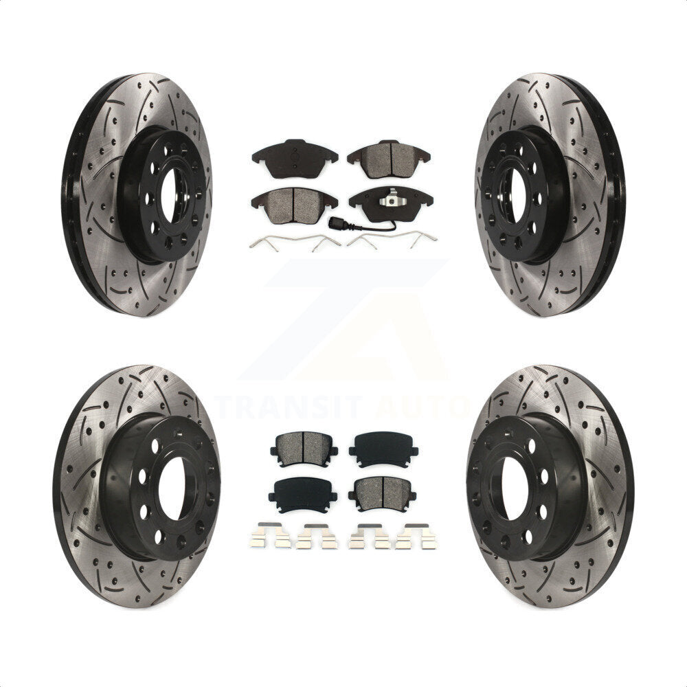 Front Rear Coated Drilled Slotted Disc Brake Rotors And Semi-Metallic Pads Kit For 2006-2009 Volkswagen Rabbit KDS-100276 by Transit Auto