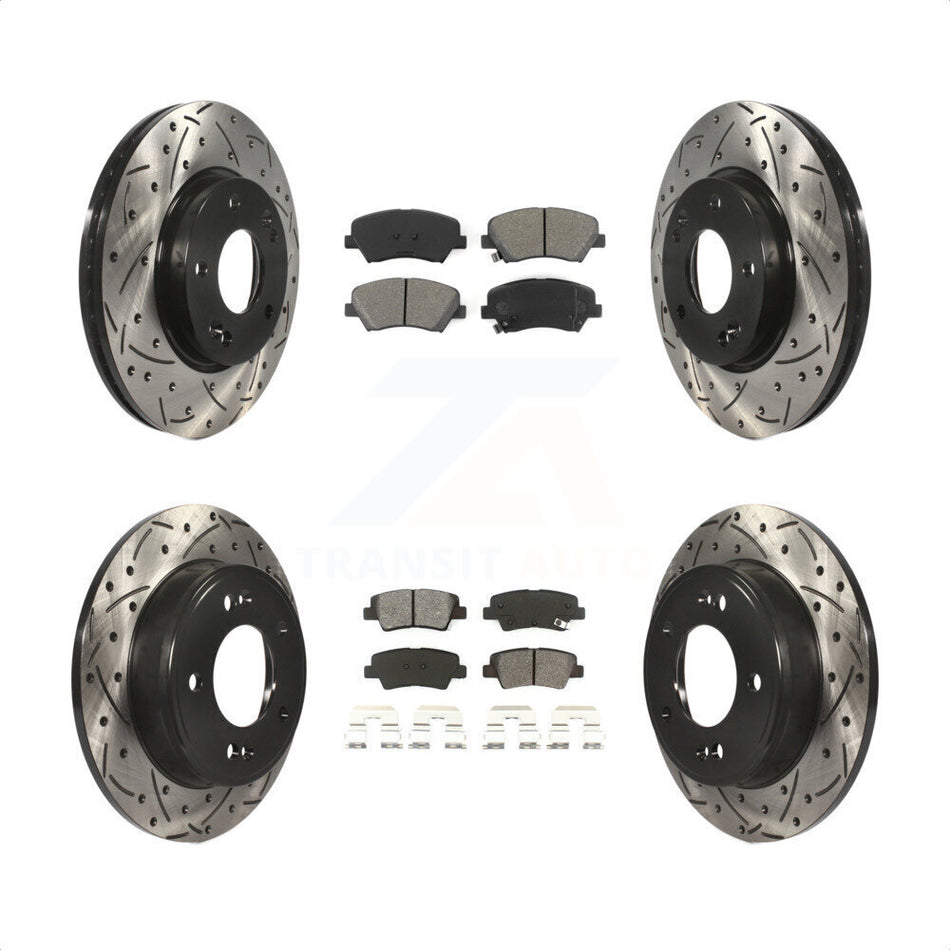 Front Rear Coated Drilled Slotted Disc Brake Rotors And Semi-Metallic Pads Kit For Hyundai Elantra Kia Forte Veloster GT Forte5 Coupe Koup KDS-100337 by Transit Auto