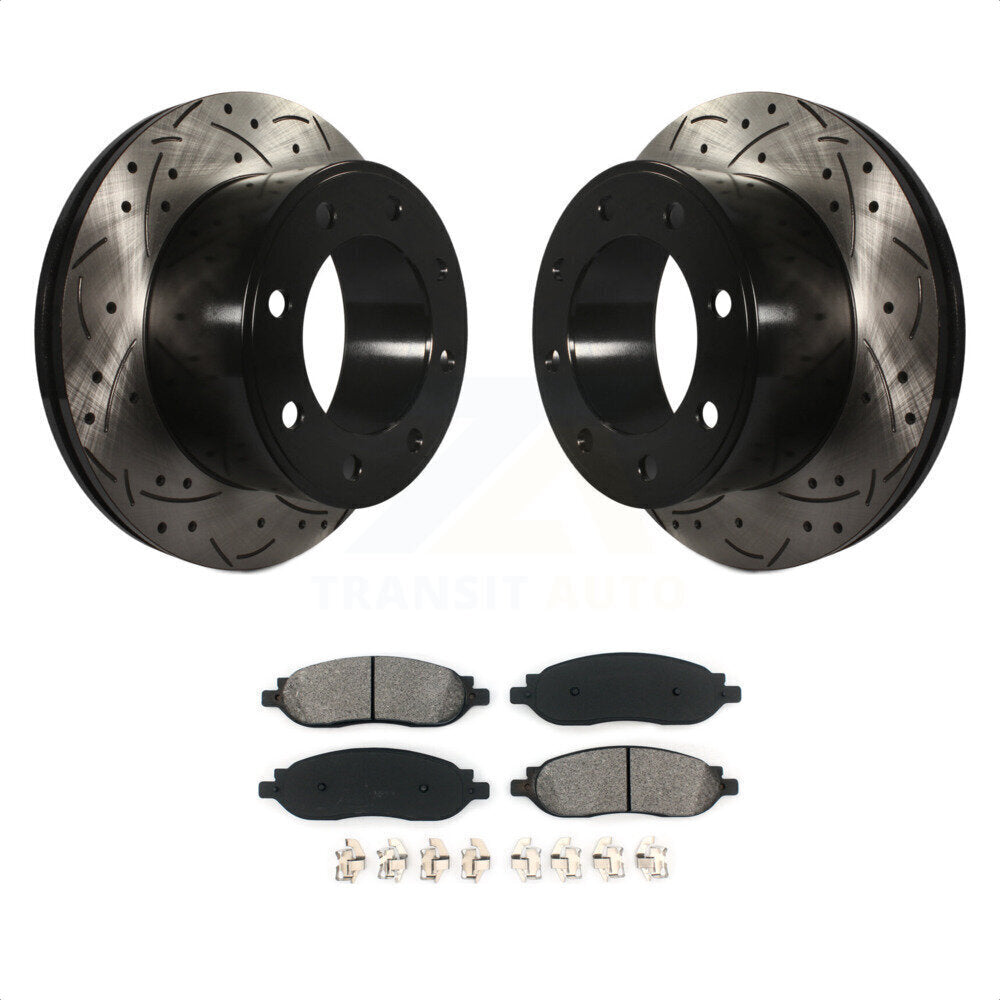 Rear Coated Drilled Slotted Disc Brake Rotors And Semi-Metallic Pads Kit For 2005-2007 Ford F-250 Super Duty F-350 KDS-100401 by Transit Auto