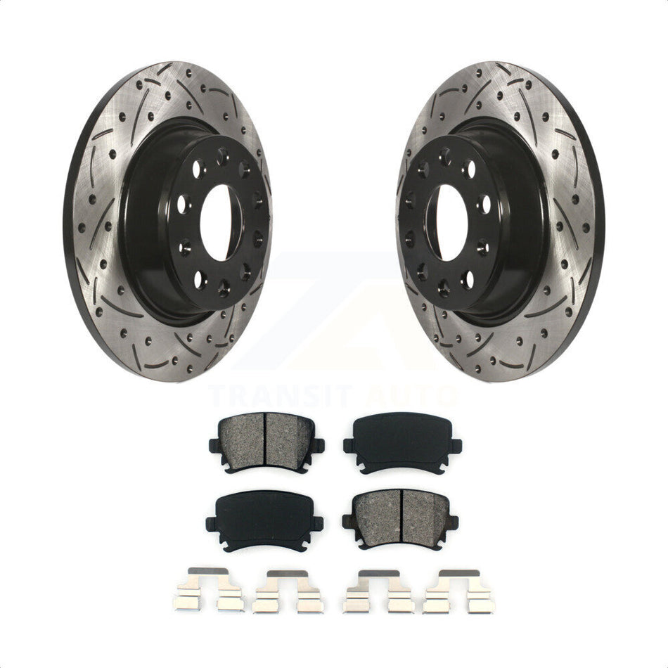 Rear Coated Drilled Slotted Disc Brake Rotors And Semi-Metallic Pads Kit For Volkswagen Tiguan CC Jetta Audi Passat GTI A3 Eos Q3 Limited Quattro KDS-100472 by Transit Auto