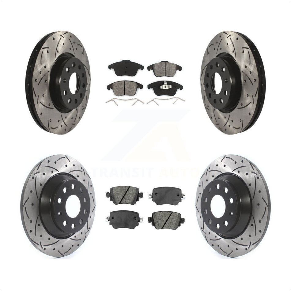 Front Rear Coated Drilled Slotted Disc Brake Rotors And Semi-Metallic Pads Kit For 2016-2018 Audi Q3 Quattro KDS-100525 by Transit Auto