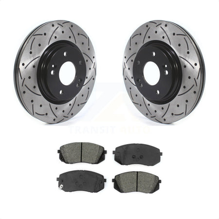 Front Coated Drilled Slotted Disc Brake Rotors And Semi-Metallic Pads Kit For 2015 Hyundai Sonata GAS engine With Manual Parking KDS-100566 by Transit Auto